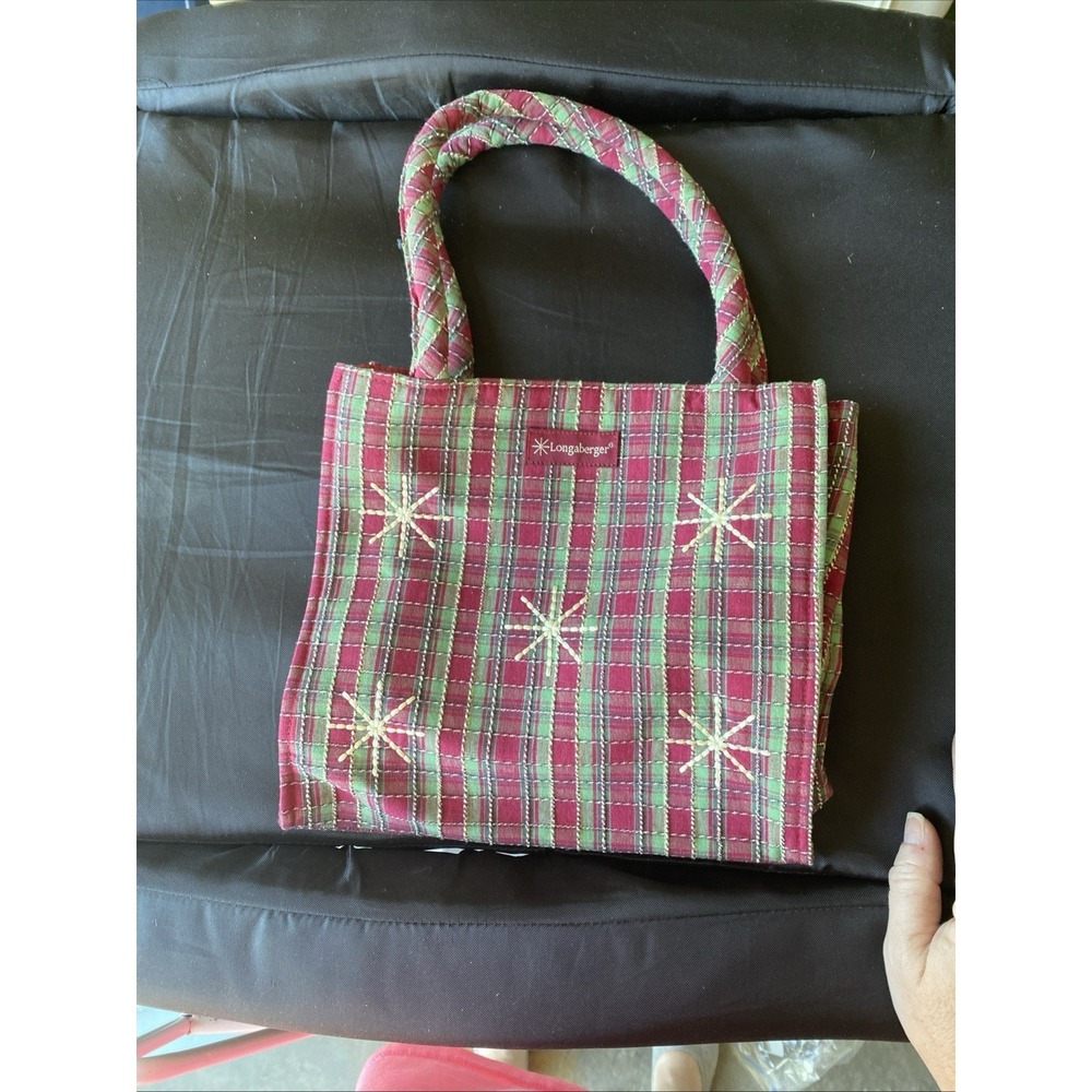 Longaberger Snowflake Holiday Plaid Fabric Tote Bag Collectible Green Cranberrry